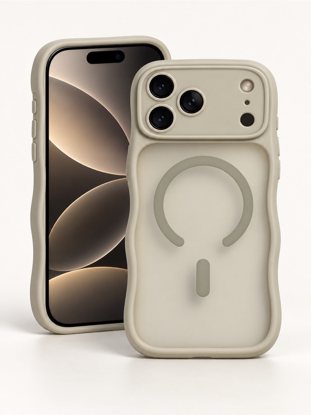 Cream/Beige Wavy iPhone 17 Pro Max Case with Ring Detail – New